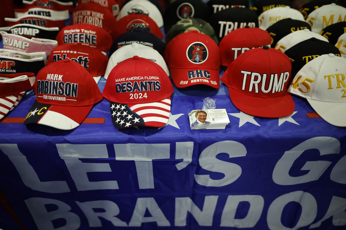 <i>Chip Somodevilla/Getty Images North America/Getty Images</i><br/>Hats are for sale at The MAGA Mall booth in the expo hall of the Conservative Political Action Conference on March 2 in National Harbor