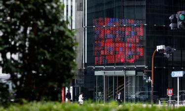 An electronic stock board displayed inside the Kabuto One building in Tokyo