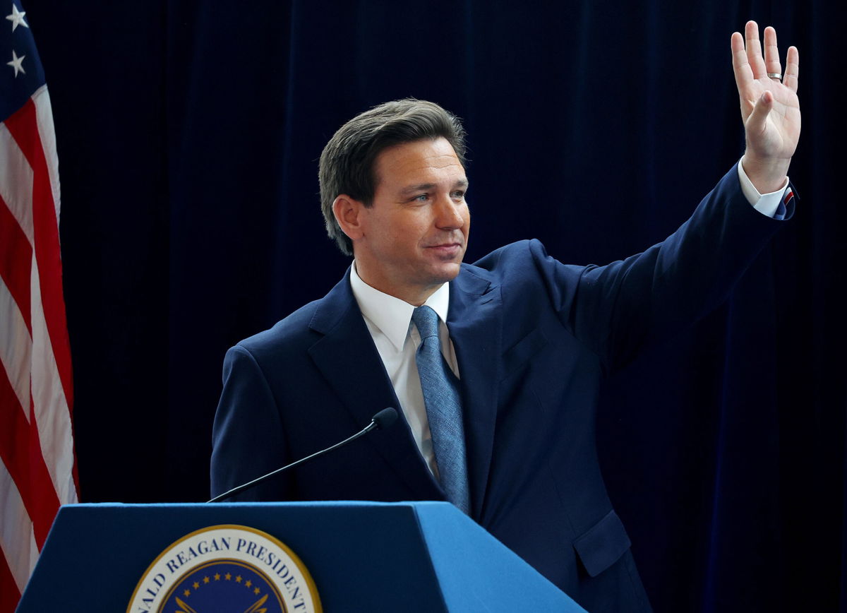 <i>Mario Tama/Getty Images</i><br/>Florida Gov. Ron DeSantis waves to the crowd at the Reagan Library in Simi Valley