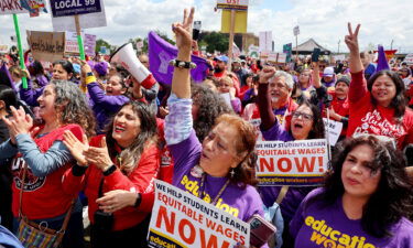 Los Angeles Unified School District (LAUSD) workers and supporters rally in Los Angeles State Historic Park on the last day of a strike over a new contract on March 23 in Los Angeles