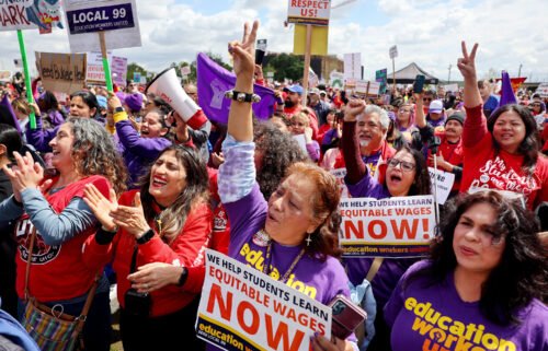 Los Angeles Unified School District (LAUSD) workers and supporters rally in Los Angeles State Historic Park on the last day of a strike over a new contract on March 23 in Los Angeles