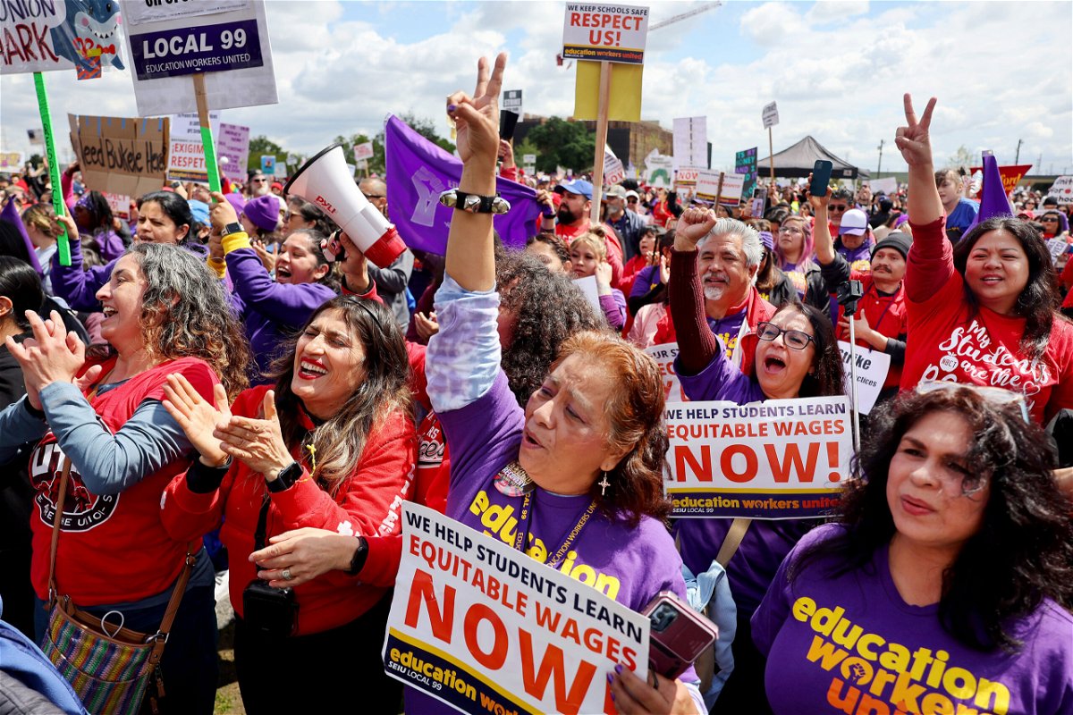 <i>Mario Tama/Getty Images</i><br/>Los Angeles Unified School District (LAUSD) workers and supporters rally in Los Angeles State Historic Park on the last day of a strike over a new contract on March 23 in Los Angeles