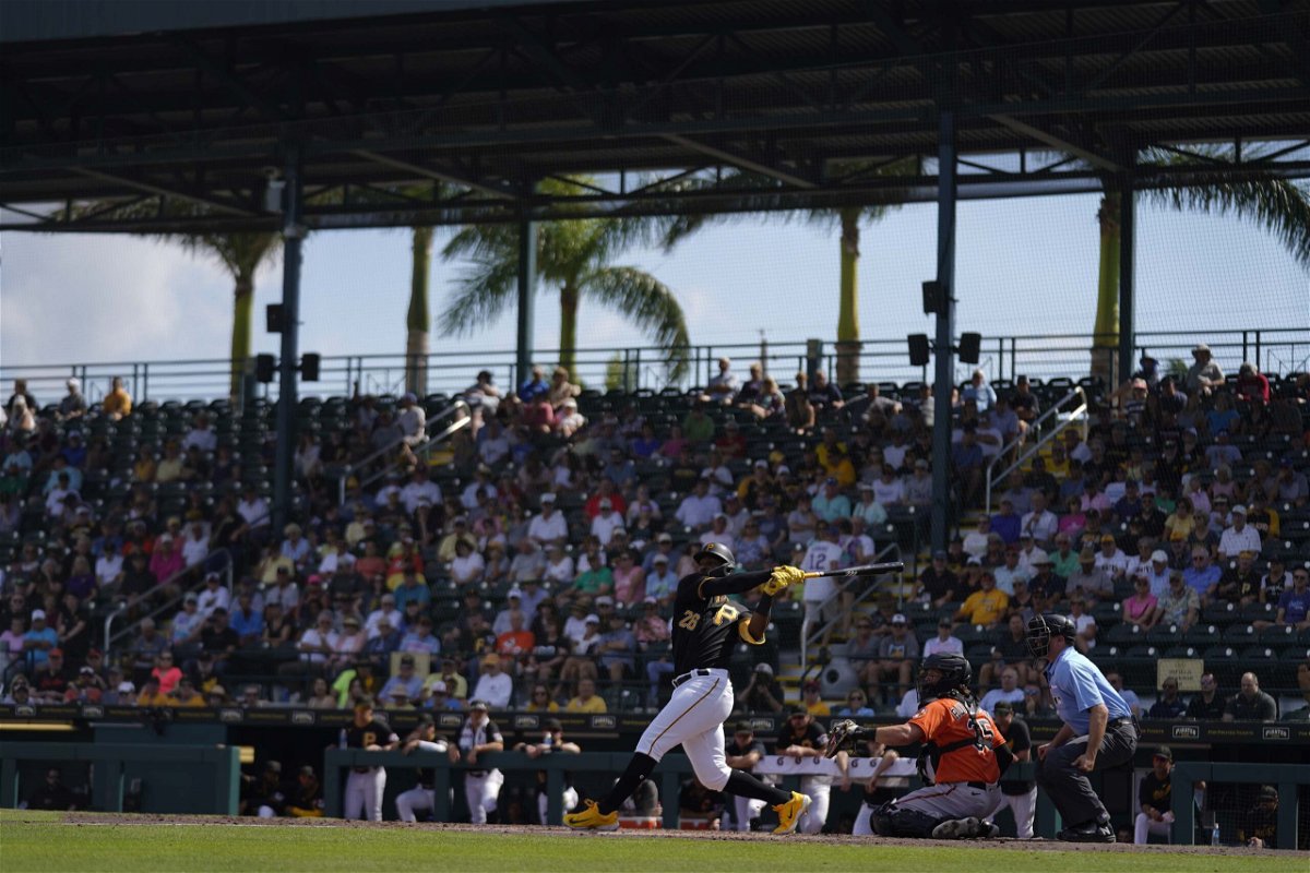 <i>Brynn Anderson/AP</i><br/>Pittsburgh Pirates' Miguel Andujar bats in the second inning during a spring training baseball game against the Baltimore Orioles