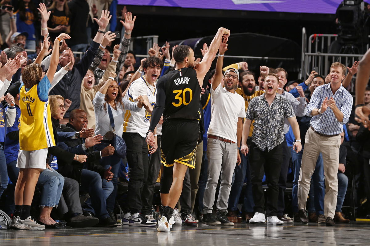 <i>Jed Jacobsohn/NBAE/Getty Images</i><br/>Steph Curry celebrates during the game against the Milwaukee Bucks.