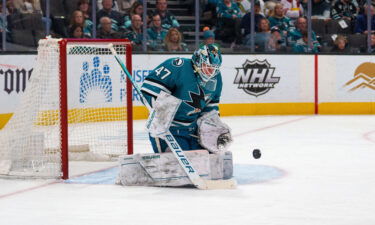 Reimer (47) makes a save against the Seattle Kraken during the first period at SAP Center at San Jose on March 16.