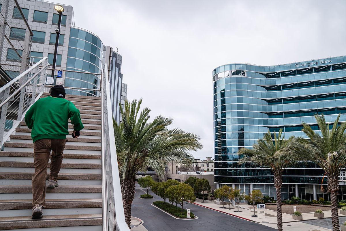 <i>Ariana Drehsler/Bloomberg/Getty Images</i><br/>Silvergate Capital shares plunge Thursday morning after the bank revealed doubts about its ability to stay in business. Pictured are the Silvergate Bank headquarters in La Jolla