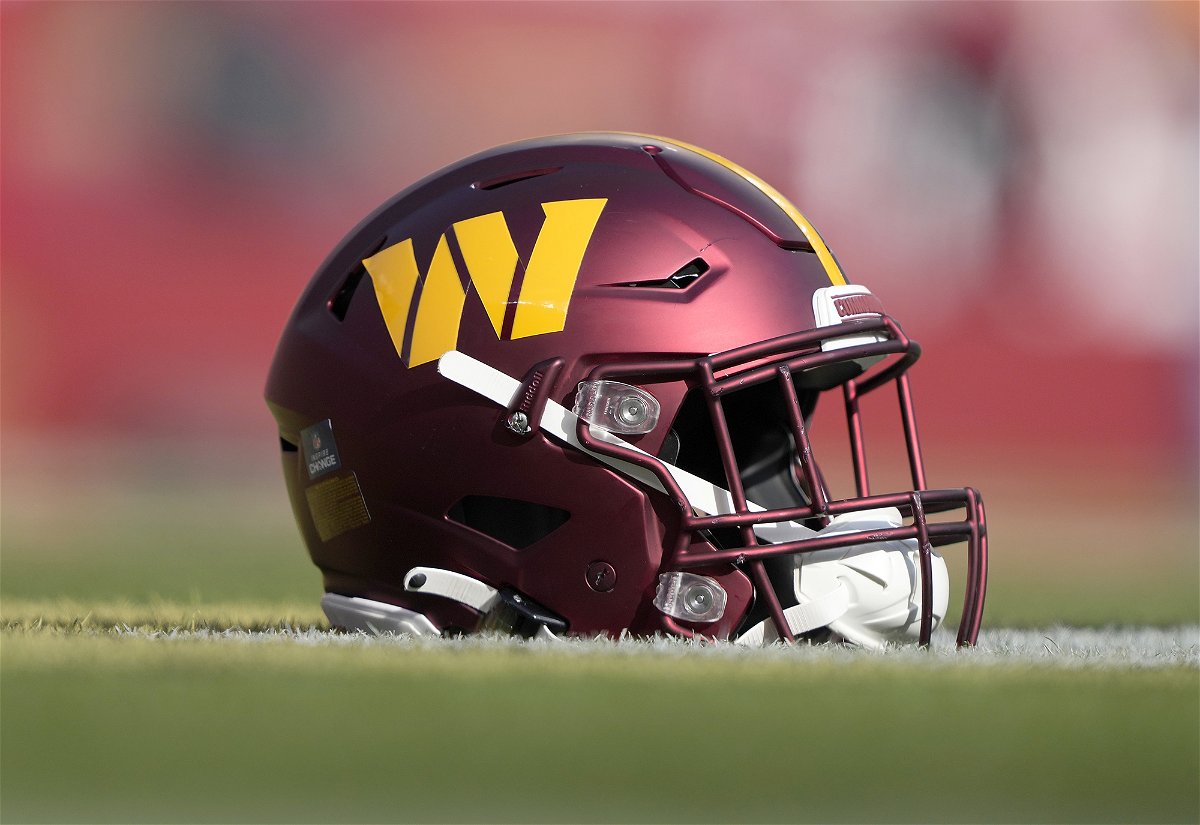 <i>Thearon W. Henderson/Getty Images</i><br/>A detailed view of a helmet belonging to a Washington Commander player is seen on the field during pregame warm ups on December 24