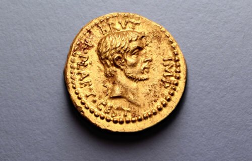 A rare gold Roman coin commemorating the assassination of Julius Caesar could be worth millions. The coin was hidden away in a private collection and is just one of three in the world. On the front of the coin is the face of Brutus