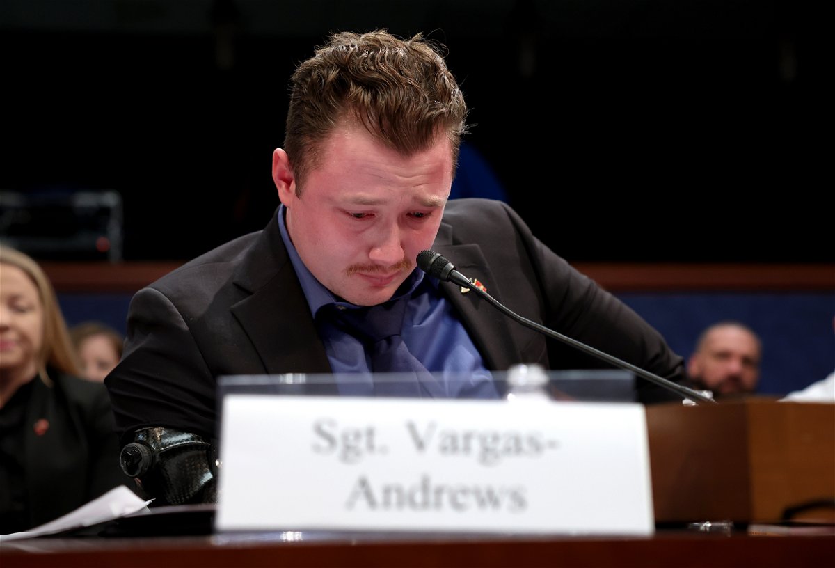 <i>Win McNamee/Getty Images</i><br/>U.S. Marine Corps. Sergeant Tyler Vargas-Andrews testifies before the House Foreign Affairs Committee at the U.S. Capitol on March 8 in Washington