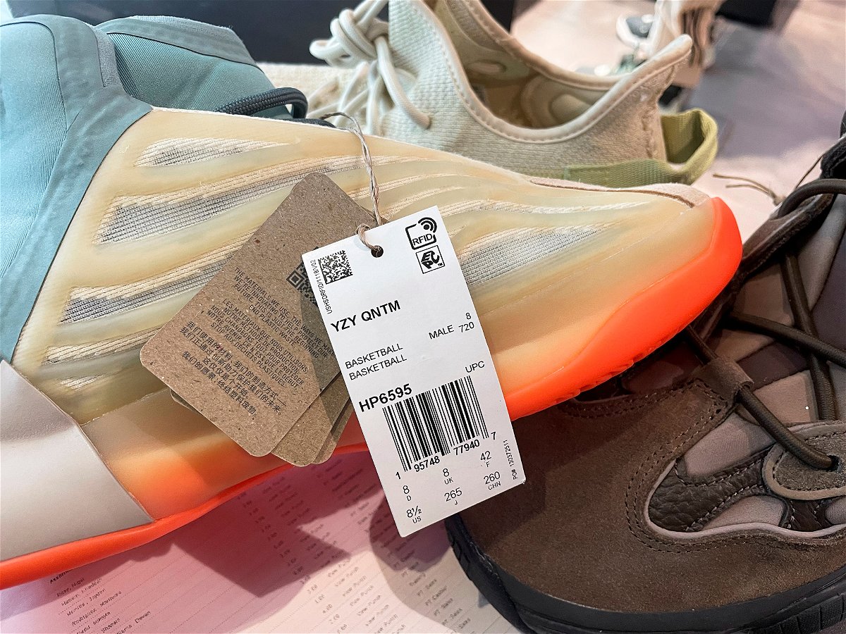 <i>Shannon Stapleton/Reuters</i><br/>A pair of Yeezy shoes are seen in a Foot Locker store on the day Adidas terminated its partnership with US rapper and designer Ye. the company was criticized for being too slow to dump its Yeezy brand.