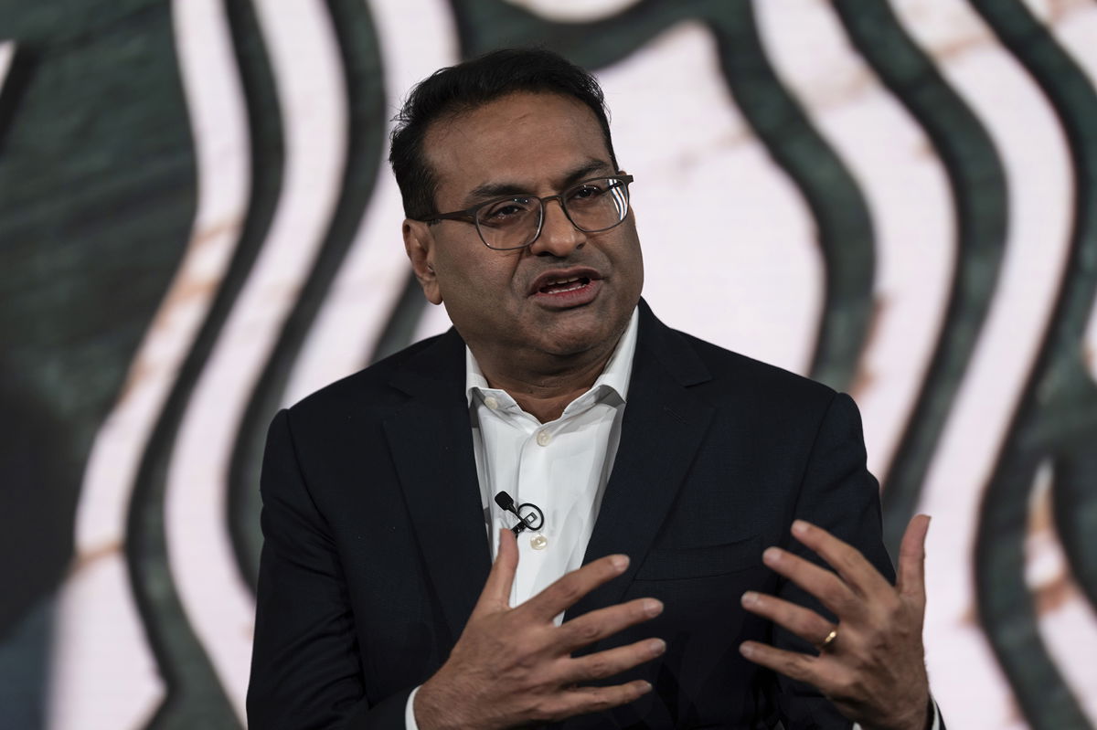 <i>Stephen Brashear/AP</i><br/>Incoming CEO Laxman Narasimhan speaks from the stage during Starbucks Investor Day