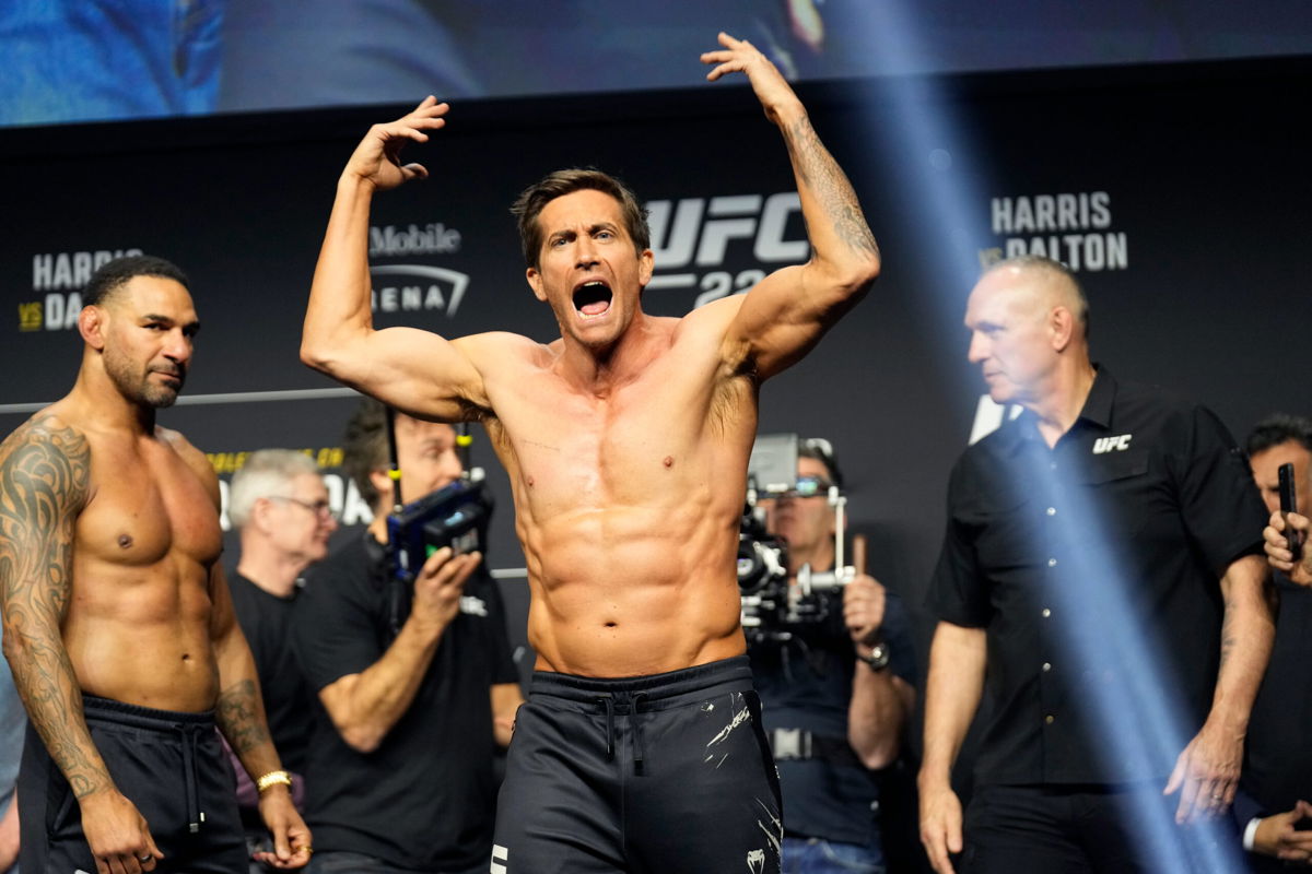 <i>Louis Grasse/PX Imagens/Zuma Press</i><br/>Jake Gyllenhaal appeared at the UFC 285 weigh-in to shoot scenes for his upcoming movie 'Roadhouse.'