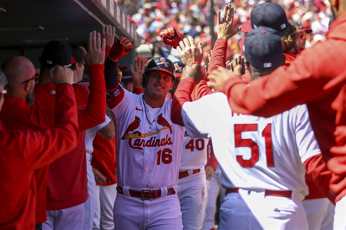 St. Louis Cardinals' Nolan Gorman is congratulated by teammates after hitting a two-run home run during the first inning of a baseball game against the Toronto Blue Jays, Sunday, April 2, 2023, in St. Louis. 