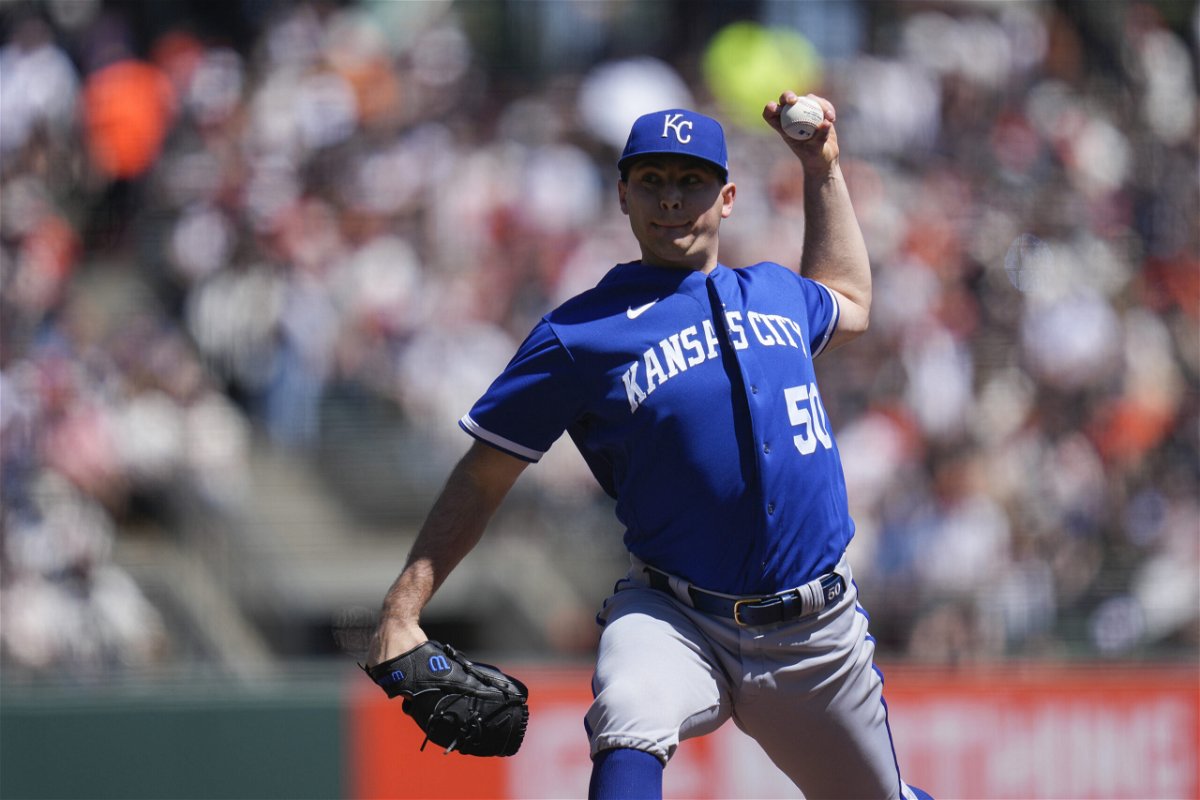 Kansas City Royals pitcher Kris Bubic throws against the San Francisco Giants during the first inning a baseball game in San Francisco, Sunday, April 9, 2023. (AP Photo/Godofredo A. Vásquez)