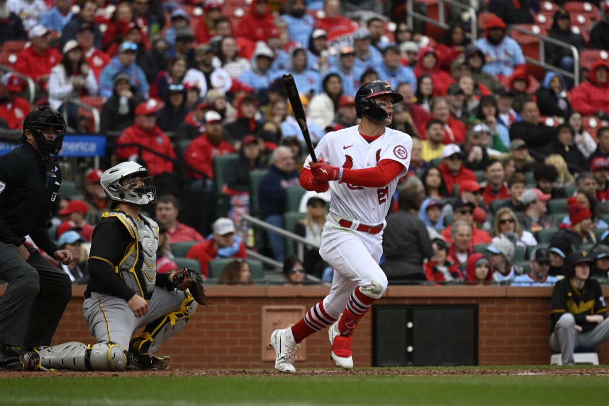 St. Louis Cardinals' Lars Nootbaar, right, watches his two-run home run against the Pittsburgh Pirates during the sixth inning of a baseball game Sunday, April 16, 2023, in St. Louis. 
