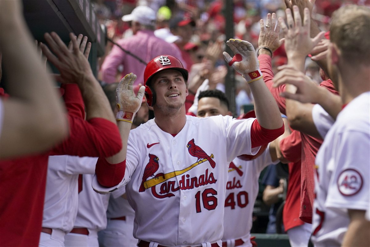 St. Louis Cardinals' Nolan Gorman is congratulated by teammates after hitting a grand slam during the sixth inning of a baseball game against the Arizona Diamondbacks Wednesday, April 19, 2023, in St. Louis. (AP Photo/Jeff Roberson)