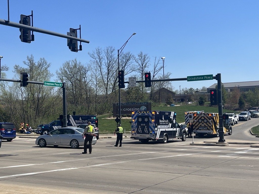 Several ambulances were at Grindstone Plaza Drive and Grindstone Parkway on Friday afternoon after a crash involving three vehicles occurred.