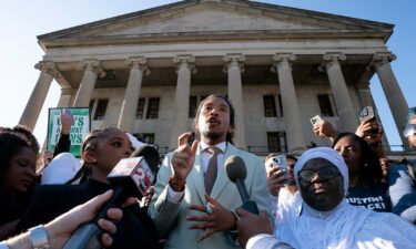 State Rep. Justin Jones delivers remarks outside the state Capitol
