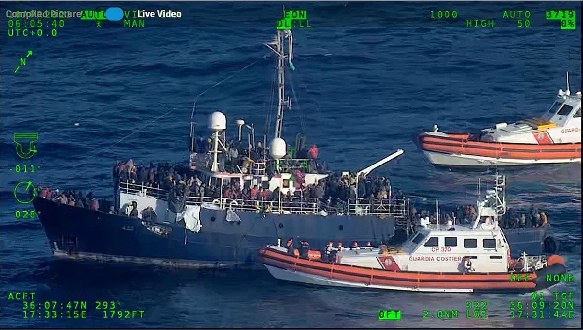<i>Italian Coast Guard</i><br/>Rescue operations are underway to aid hundreds of migrants adrift on boats in the Mediterranean.