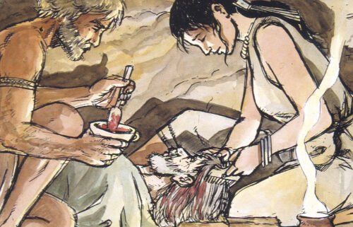 An illustration depicts the hair-dyeing ritual that occurred in the funerary chamber of a cave in Menorca.