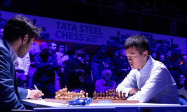 Ding (right) competes against Arjun Erigaisi during the fifth round of the Tata Steel Chess Tournament 2023.