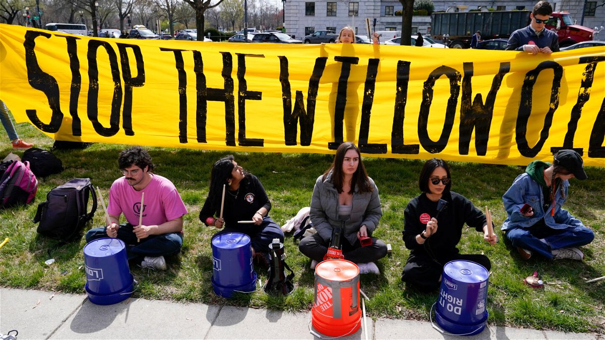 <i>Patrick Semansky/Associated Press</i><br/>Demonstrators protest against the Biden administration's approval of the Willow Project outside the Interior Department on March 21.