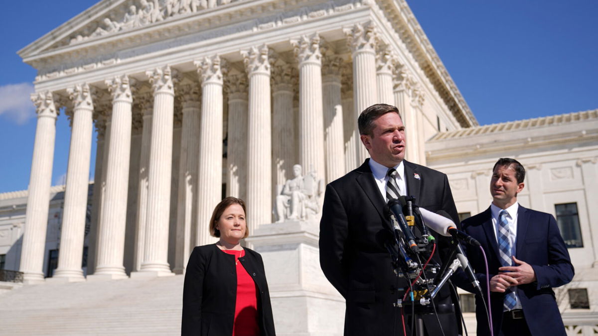 <i>Patrick Semansky/AP</i><br/>Missouri Attorney General Andrew Bailey speaks with reporters outside the US Supreme Court in Washington on February 28.