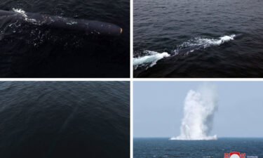 Pictures released by North Korea's official Korean Central News Agency (KCNA) on April 8 show an underwater strategic weapon system submerging in the East Sea