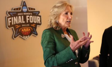 Jill Biden talks with guests during the 2023 NCAA women's basketball tournament national championship.