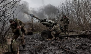 Ukrainian soldiers of the Da Vinci Wolves Battalion fire artillery in the direction of Bakhmut on April 3