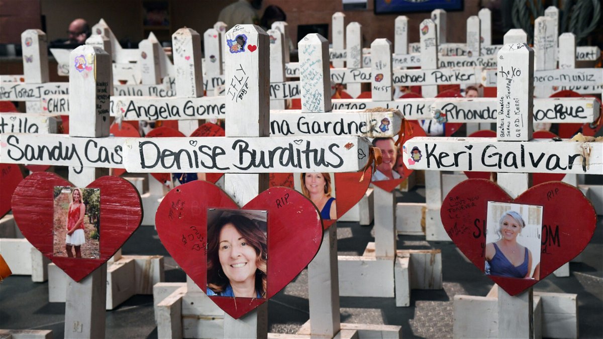 <i>Ethan Miller/Getty Images</i><br/>Some of the original 58 wooden crosses that were set up as part of a memorial after the 2017 Las Vegas massacre are seen here.
