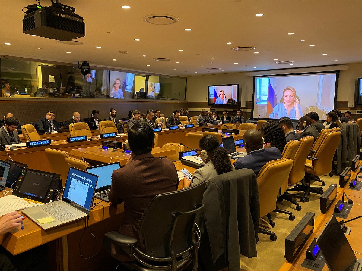 Maria Lvova-Belova addresses the United Nations meeting by video on April 5.