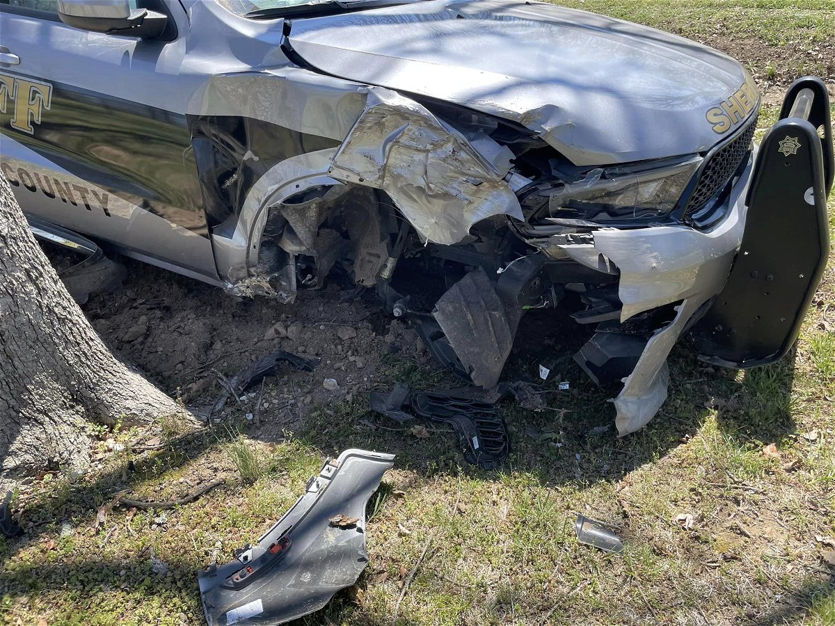 Damage on a Maries County patrol car after a sheriff's deputy crashed Wednesday, April 12, 2023.