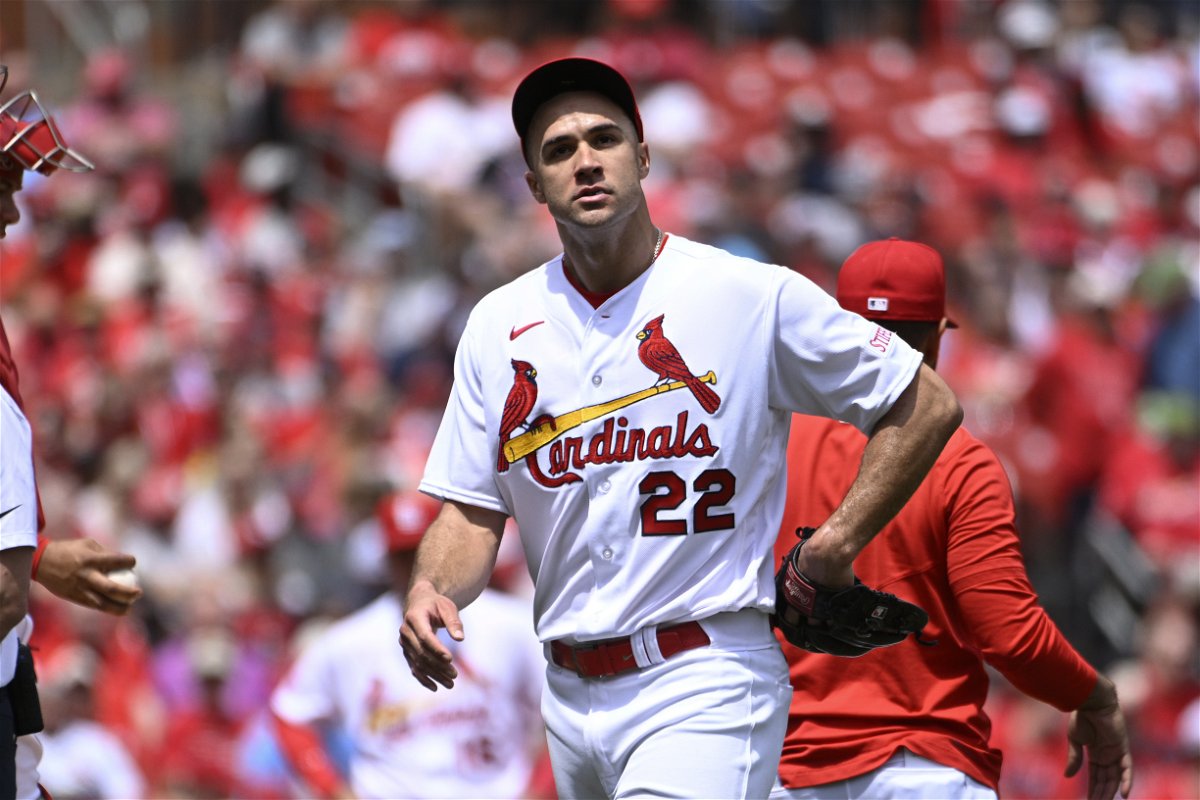 St. Louis Cardinals starting pitcher Jack Flaherty (22) looks on after being pulled in the third inning of a baseball game against the Los Angeles Angels, Thursday May 4, 2023, in St. Louis. 