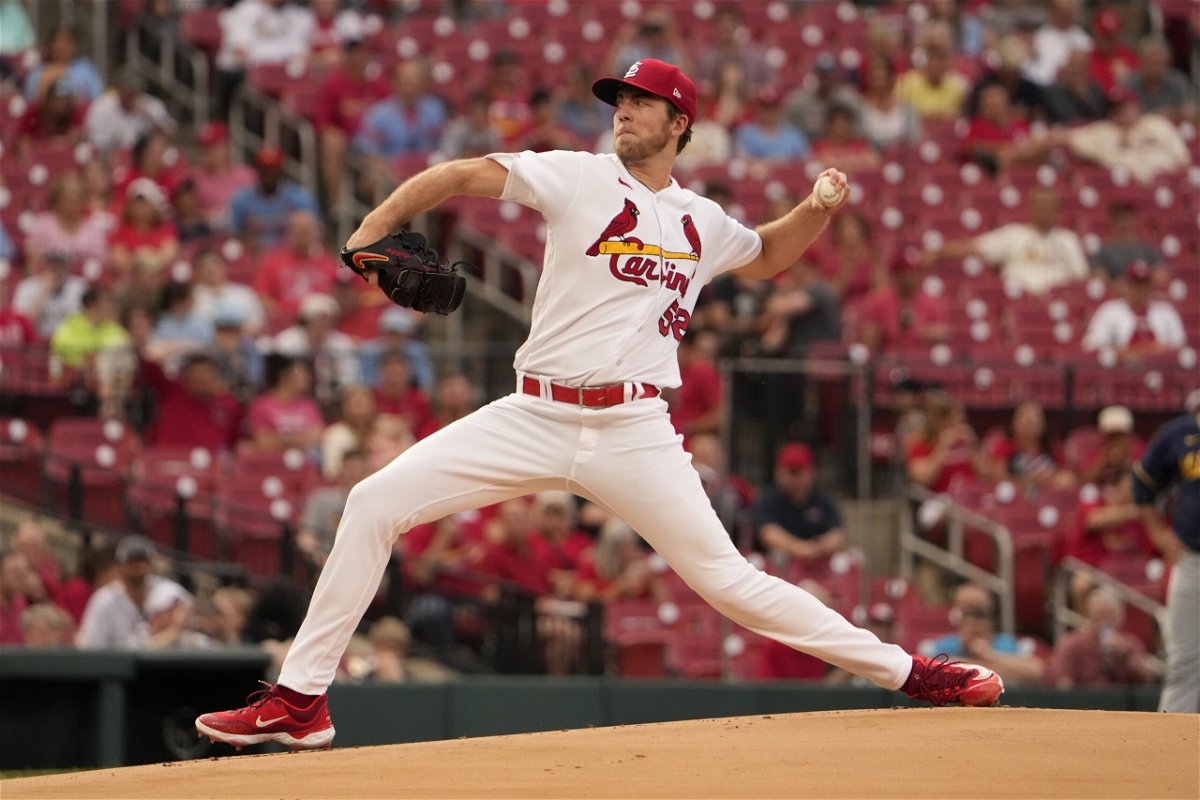 St. Louis Cardinals starting pitcher Matthew Liberatore throws during the first inning of a baseball game against the Milwaukee Brewers Wednesday, May 17, 2023, in St. Louis. (AP Photo/Jeff Roberson)