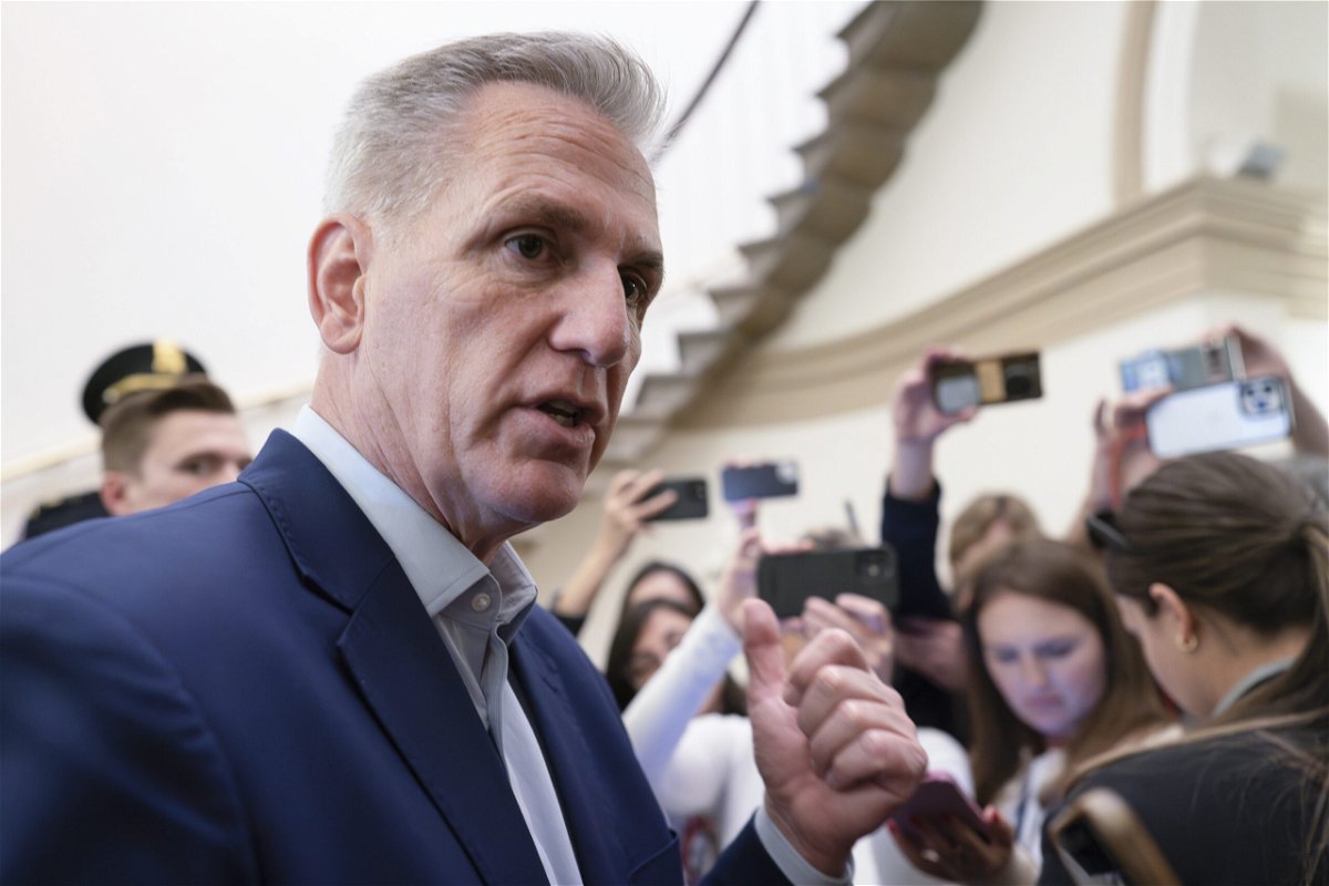 Speaker of the House Kevin McCarthy, R-Calif., talks to reporters about the debt limit negotiations as he arrives at the Capitol in Washington, Friday, May 26, 2023. McCarthy says the mediators 