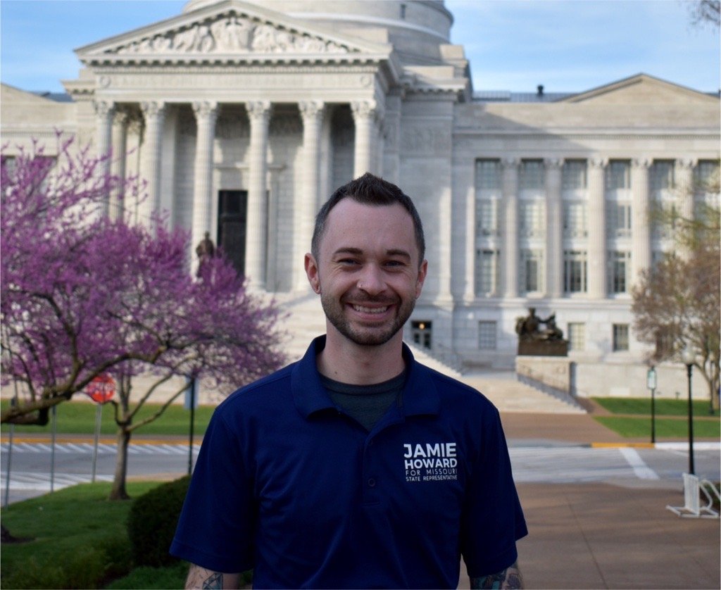 Jamie Howard, a Democratic candidate for Missouri House District 60, poses in front of the State Capitol.