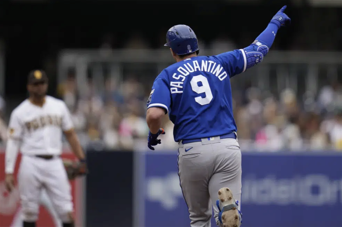 Kansas City Royals' Vinnie Pasquantino celebrates after hitting a two-run home run during the sixth inning of a baseball game against the San Diego Padres, Wednesday, May 17, 2023, in San Diego. (AP Photo/Gregory Bull)