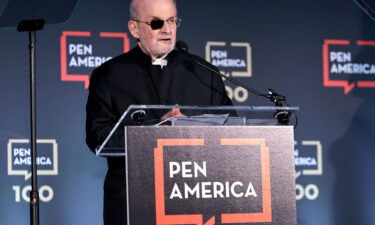 Honoree Salman Rushdie speaks on stage at the 2023 PEN America Literary Gala on May 18
