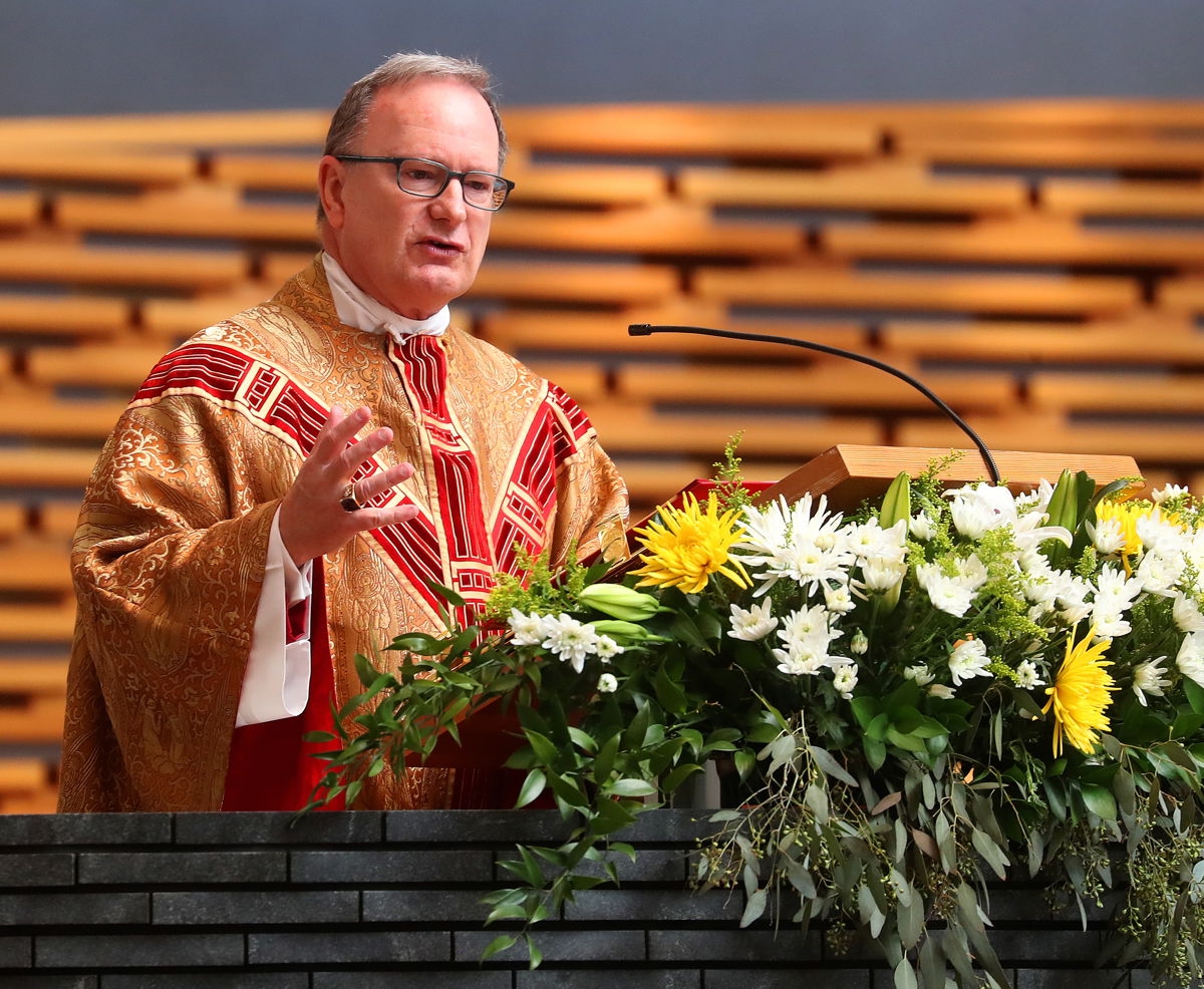 <i>Aric Crabb/Digital First Media/Bay Area News/Getty Imagres/FILE</i><br/>Diocese of Oakland Bishop Michael Barber speaks during Easter Mass at The Cathedral of Christ the Light in April 2019