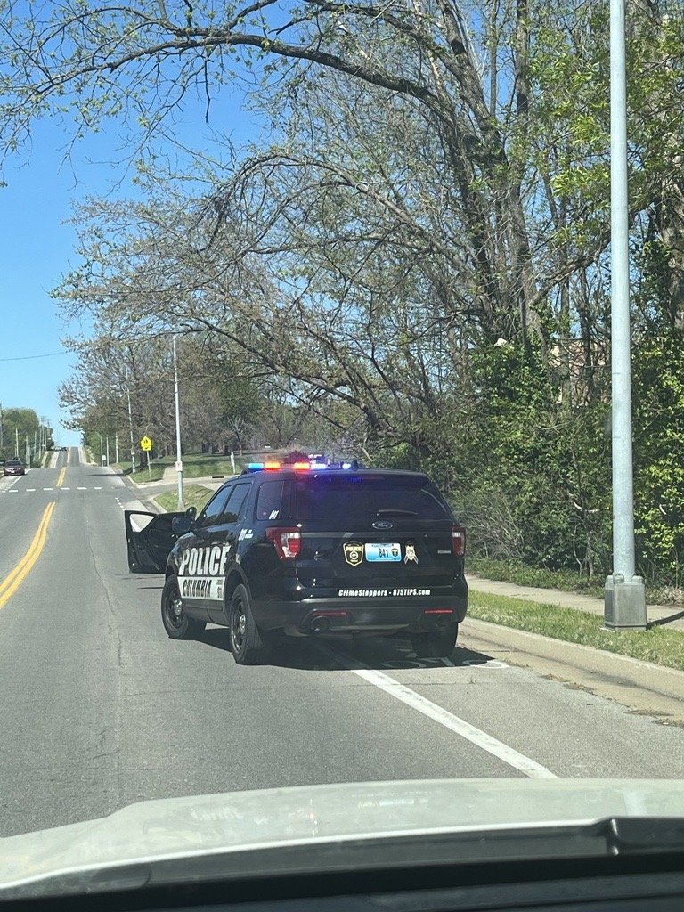 A Columbia police cruiser during a traffic stop near Oakland Gravel Road and Smiley Lane on Wednesday, May 3, 2023.