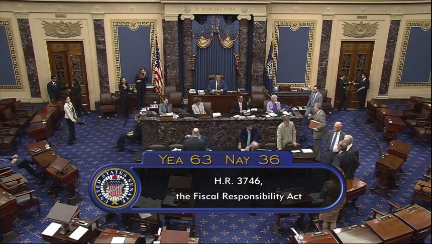 In this image from Senate Television, the final vote of 63-36 shows passage of the bill to raise the debt ceiling Thursday night, June 1, 2023, in the Senate at the Capitol in Washington. President Joe Biden is expected to quickly sign the bill that will stave off default. 