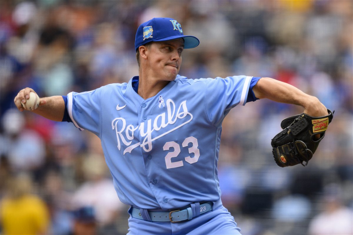 Kansas City Royals starting pitcher Zack Greinke throws to a Los Angeles Angels batter during the first inning of a baseball game, Sunday, June 18, 2023, in Kansas City, Mo. 