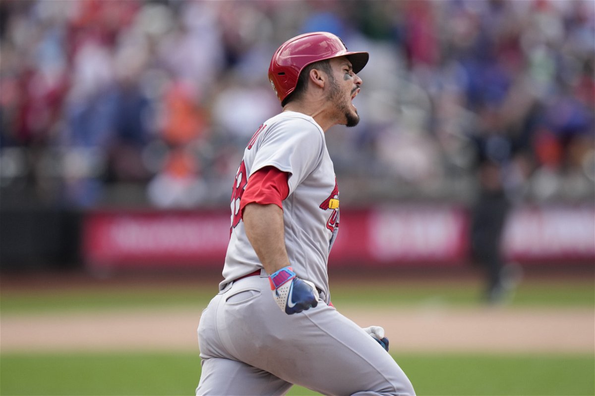 St. Louis Cardinals' Nolan Arenado reacts after hitting a solo home run during the ninth inning of a baseball gam against the New York Mets at Citi Field, Sunday, June 18, 2023, in New York. 