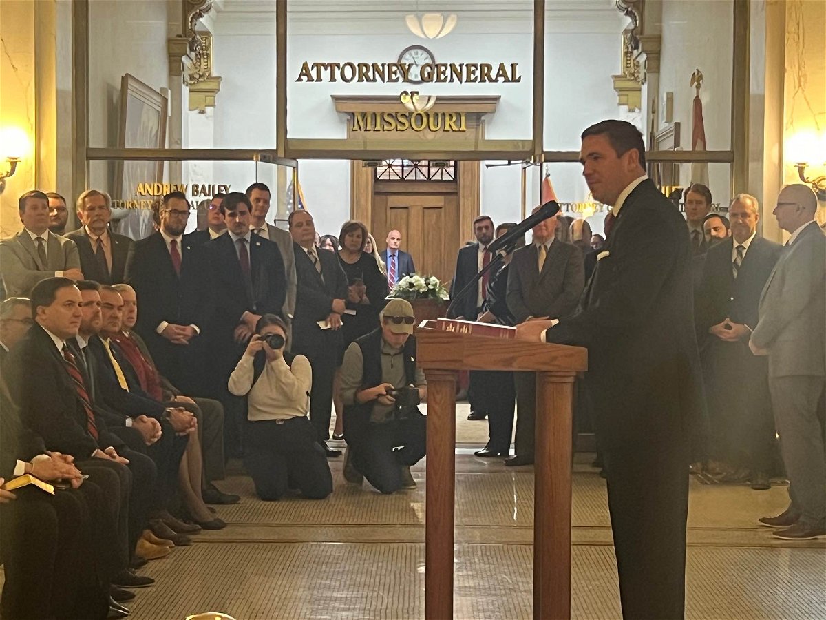 FILE - Missouri Attorney General Andrew Bailey speaks at his swearing-in ceremony.