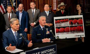Texas Gov. Greg Abbott speaks about an illustration of new border security implementation during a news conference at the Texas State Capitol on June 8