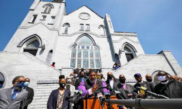 Bishop William J. Barber II speaks to the media after a meeting of state and local clergy at the Mount Lebanon AME Zion Church in April 2021
