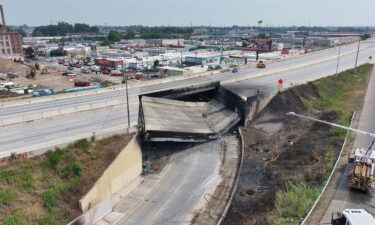 An image from social media shows the toppled remains of an I-95 overpass in Philadelphia on Sunday.