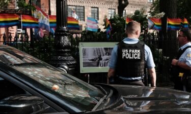US Park Police patrol at Stonewall National Monument in Manhattan's West Village on June 19.