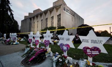 An impromptu memorial stands in 2018 outside the Tree of Life Synagogue in Pittsburgh.